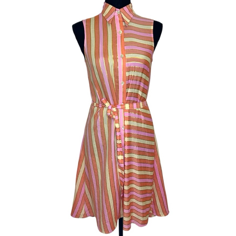 JULIE BROWN NYC Striped Sleeveless Shirt Dress Pink, Orange, Yellow, Gold